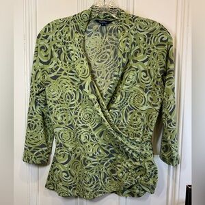 Reitmans Green and Charcoal Abstract Patterned Crossover V-Neck Blouse - Size S